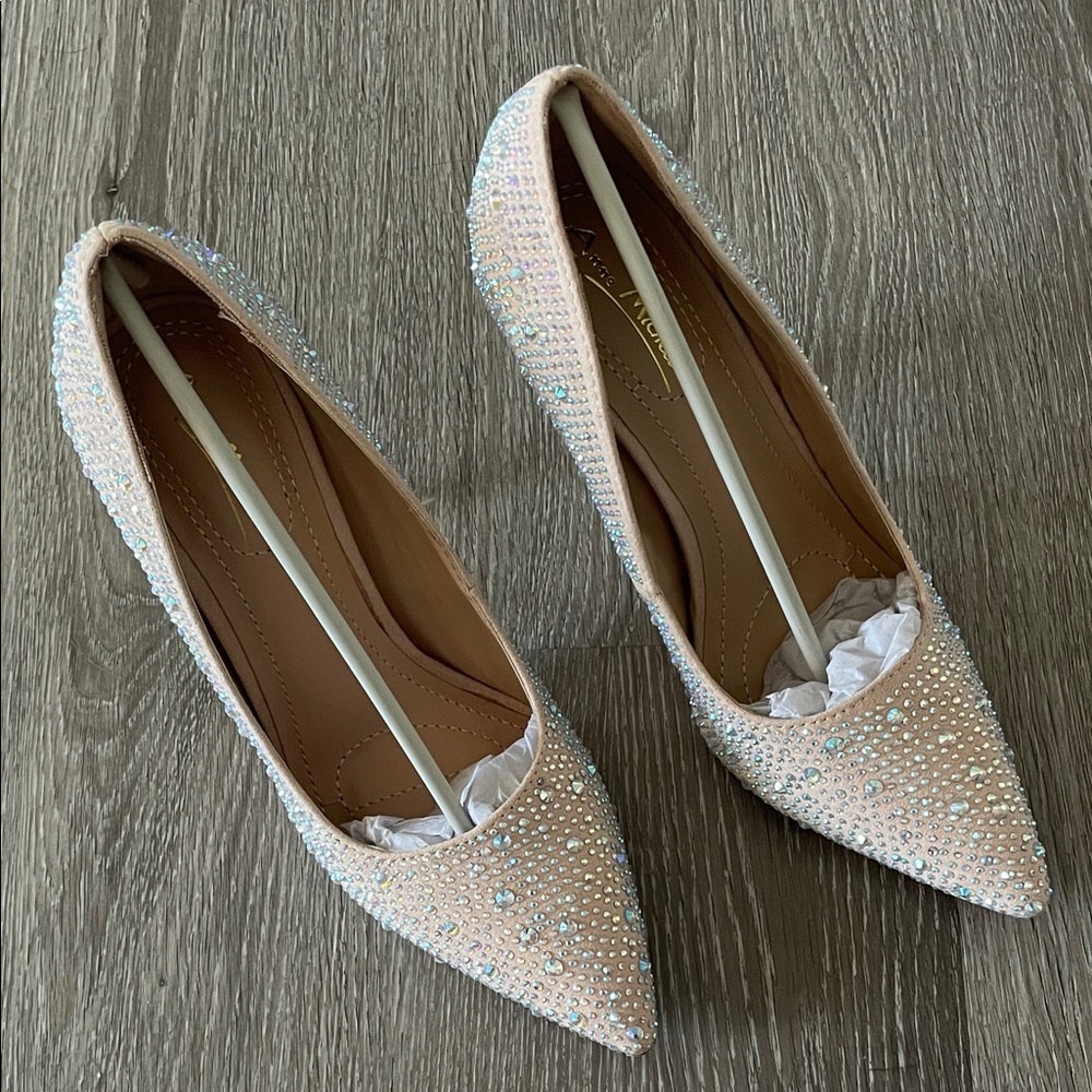 Anne Michelle Nude Heels w/Crystal-Embellished Pointed Pumps